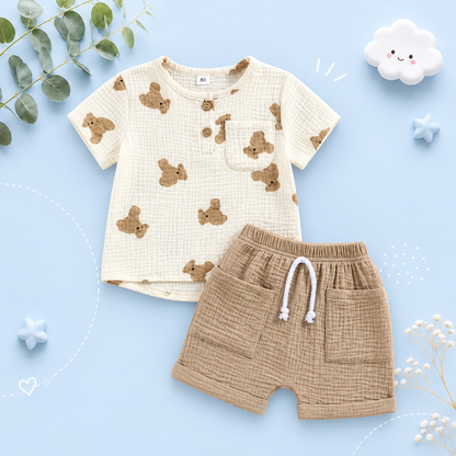 The Andres - Baby Boy Bear Print Short Sleeve Pocket T-shirts Tops + Drawstring Shorts