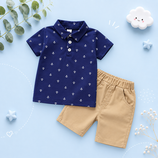 The Tyler - Baby Boy Boat Anchor Pattern Short Sleeve + Shorts Set