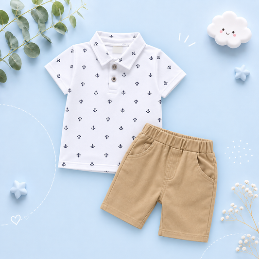 The Tyler - Baby Boy Boat Anchor Pattern Short Sleeve + Shorts Set