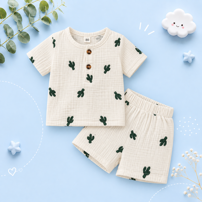 The Bentley - Baby Boy Cactus Print Short Sleeves Print T-shirt + Shorts