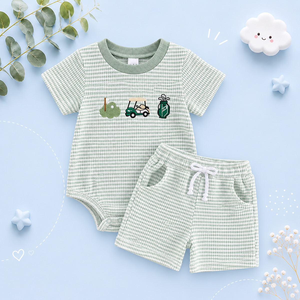 The Ronin - Baby Boy Golf Embroidery Short Sleeve Romper + Stripe Shorts