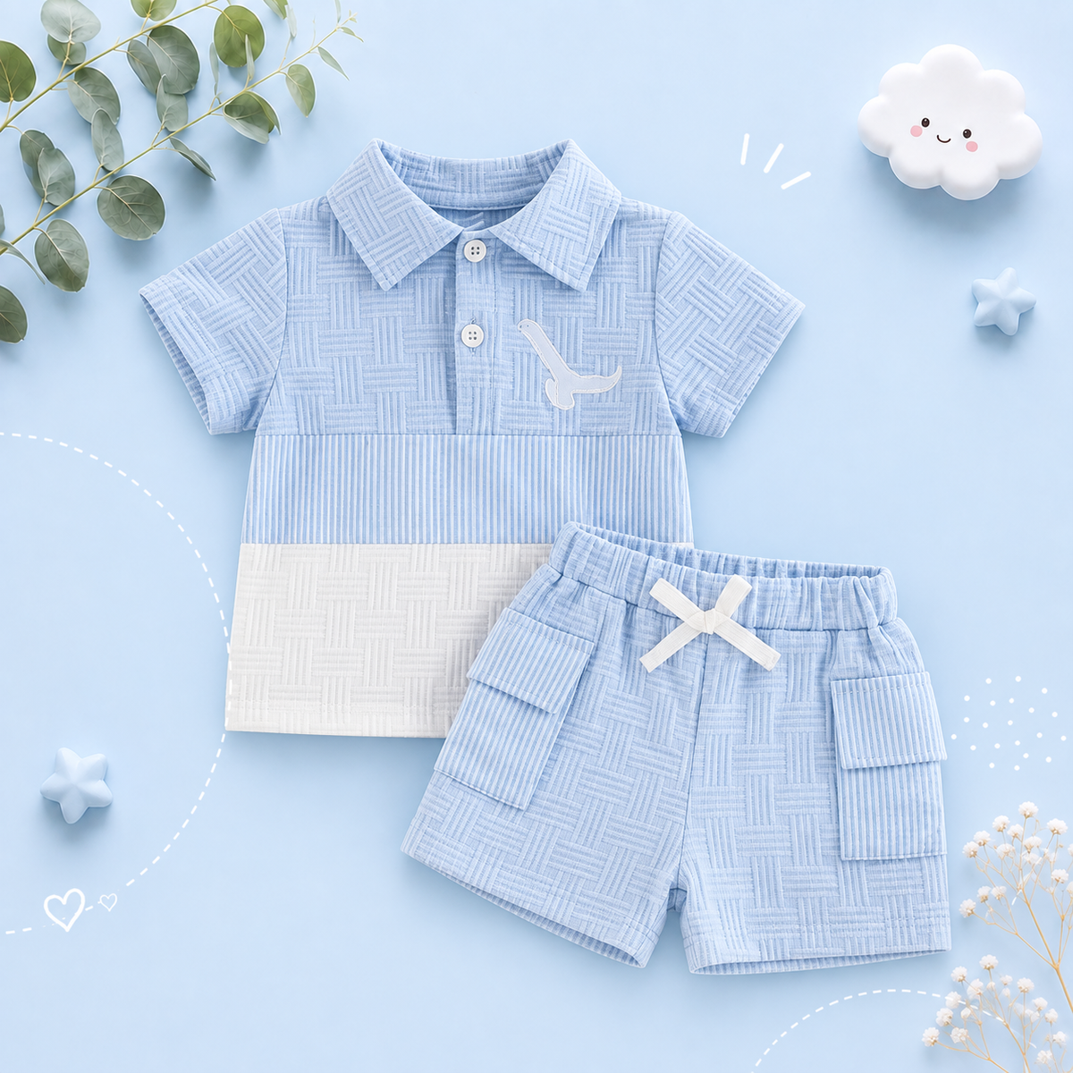 The Matthias - Baby Boy Short Sleeve Lapel Collar Bird Embroidery Patchwork Tops and Elastic Waist Shorts Set