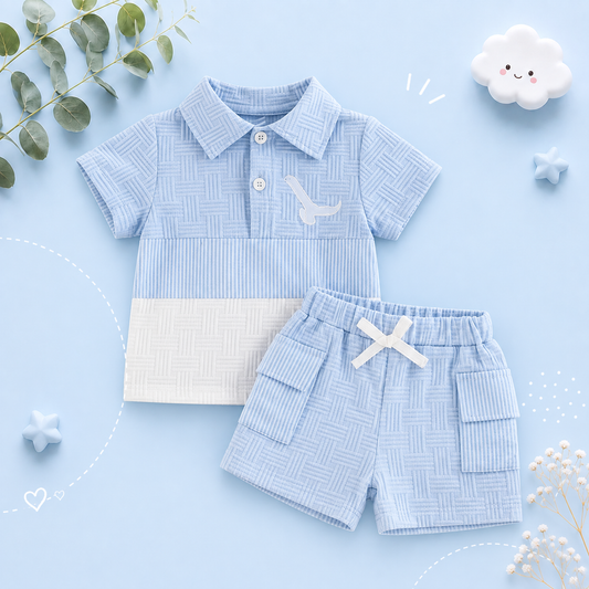 The Matthias - Baby Boy Short Sleeve Lapel Collar Bird Embroidery Patchwork Tops and Elastic Waist Shorts Set