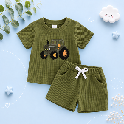 The Denver - Baby Boy Adorable Tractor Embroidery Green Short Sleeve Round Neck Tops and Shorts Set