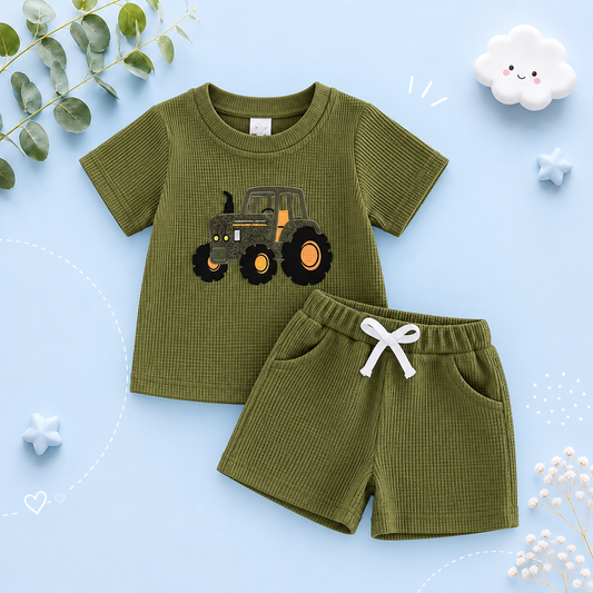 The Denver - Baby Boy Adorable Tractor Embroidery Green Short Sleeve Round Neck Tops and Shorts Set