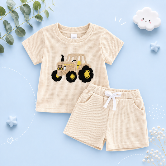 The Denver - Baby Boy Adorable Tractor Embroidery Beige Short Sleeve Round Neck Tops and Shorts Set