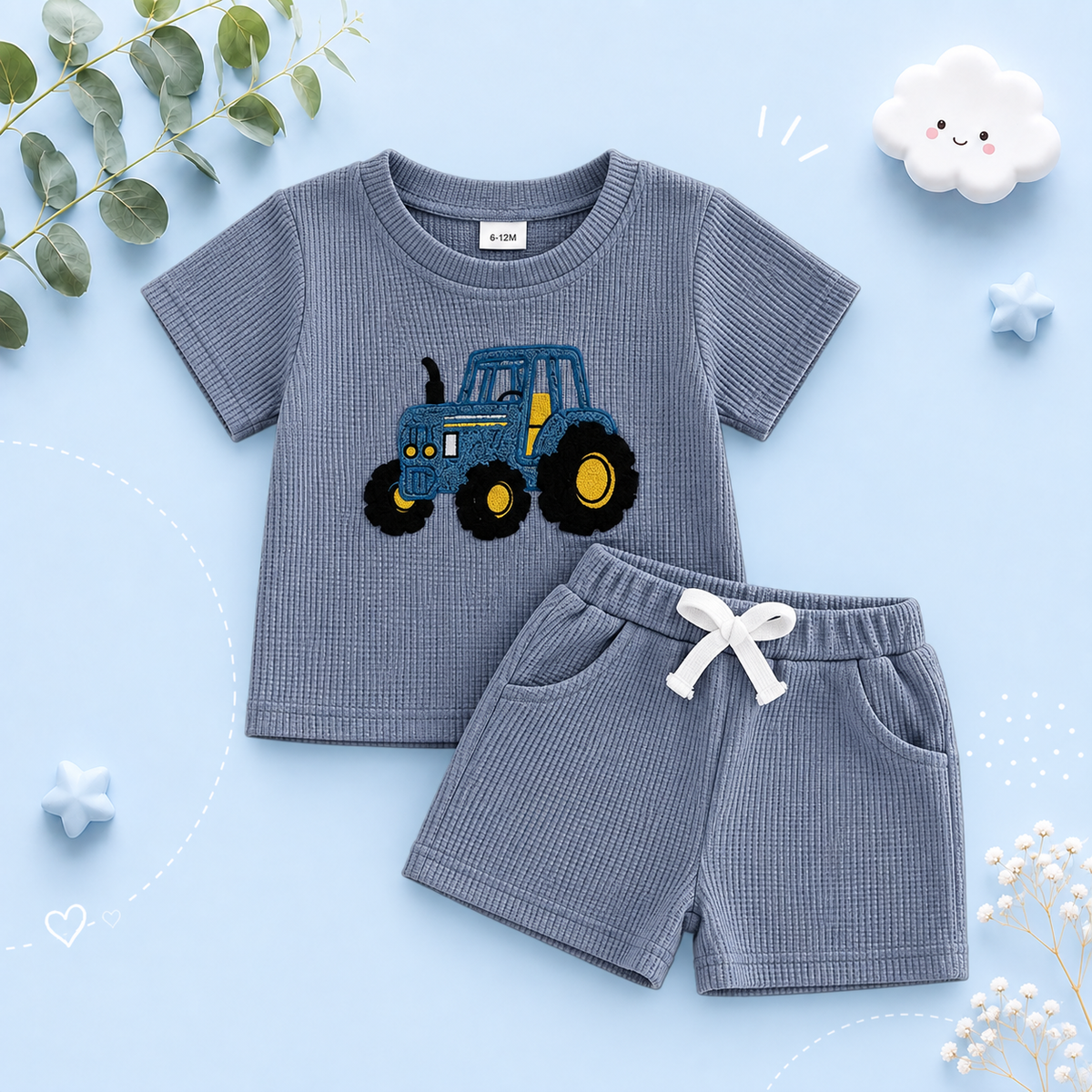 The Denver - Baby Boy Adorable Tractor Embroidery Blue Short Sleeve Round Neck Tops and Shorts Set