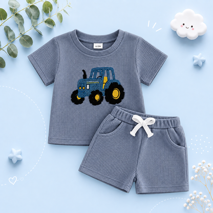 The Denver - Baby Boy Adorable Tractor Embroidery Blue Short Sleeve Round Neck Tops and Shorts Set