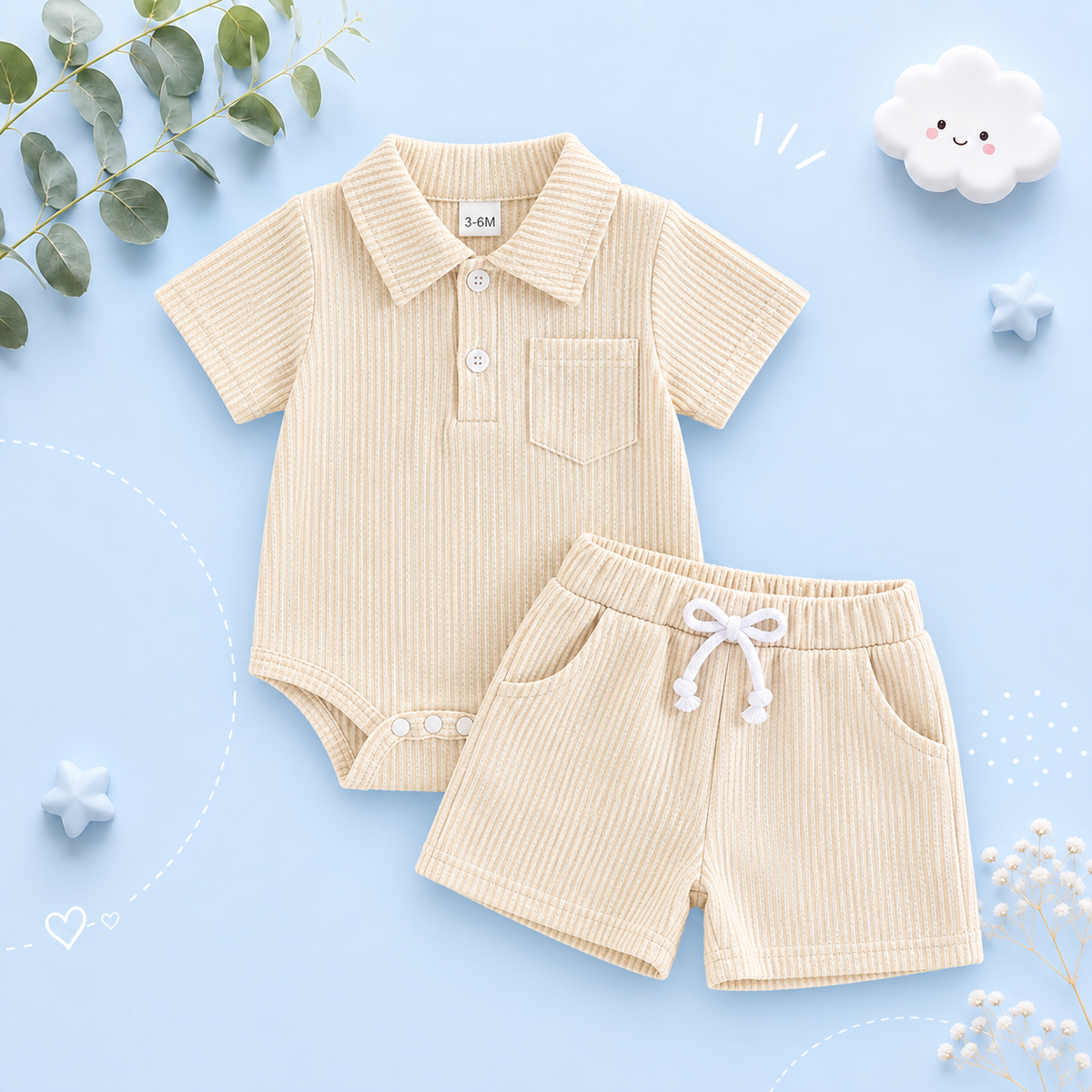 The Hezekiah - Baby Boy Short Sleeve Lapel Neck Striped Print Romper and Elastic Waist Shorts