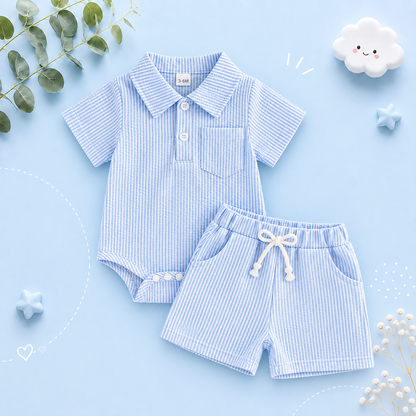 The Hezekiah - Baby Boy Short Sleeve Lapel Neck Striped Print Romper and Elastic Waist Shorts