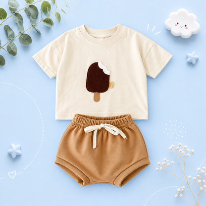 The Elian - Baby Unisex Ice Cream Patch Casual Short Sleeve Top + Shorts