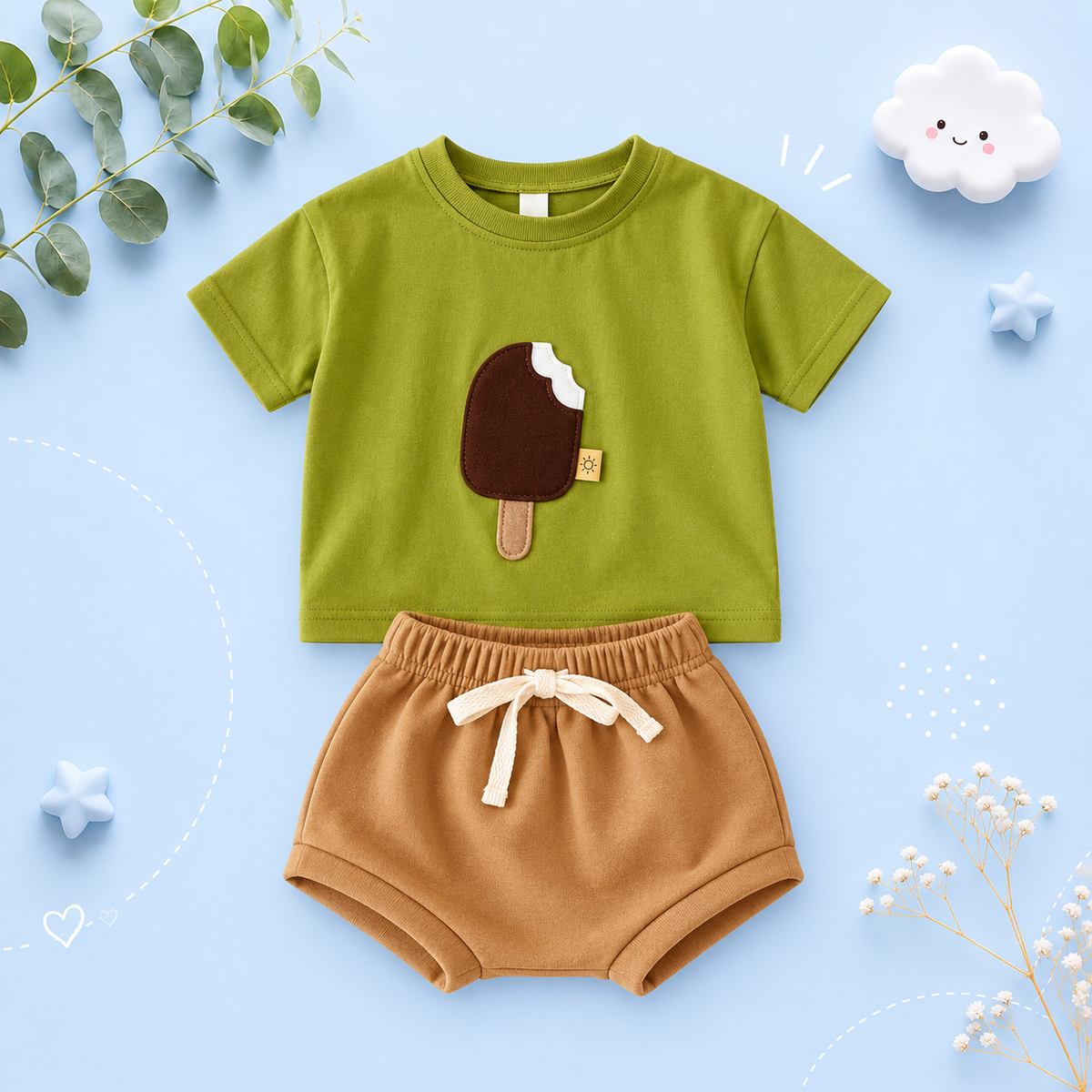 The Elian - Baby Unisex Ice Cream Patch Casual Short Sleeve Top + Shorts
