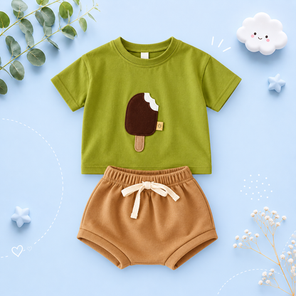 The Elian - Baby Unisex Ice Cream Patch Casual Short Sleeve Top + Shorts