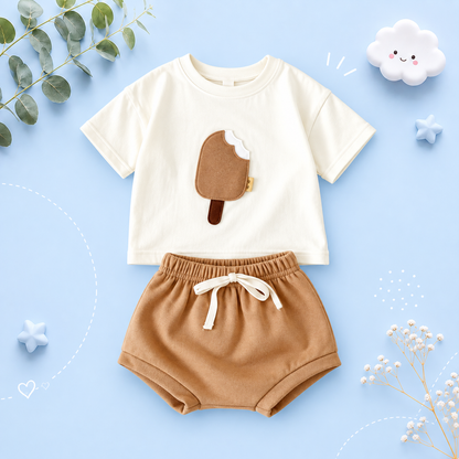 The Elian - Baby Unisex Ice Cream Patch Casual Short Sleeve Top + Shorts