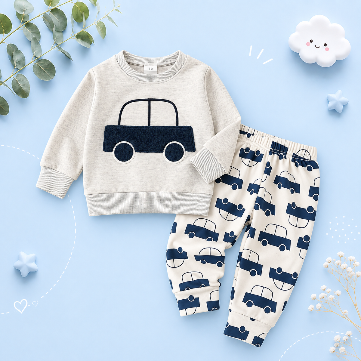The Paxton - Baby Boy Grey Car Embroidery Long Sleeve Pullover Sweatshirt + Elastic Waist Pants