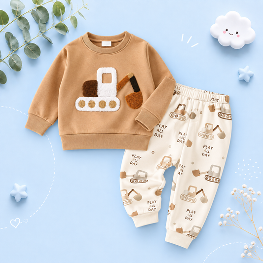 The Paxton - Baby Boy Beige Car Embroidery Long Sleeve Pullover Sweatshirt + Elastic Waist Pants