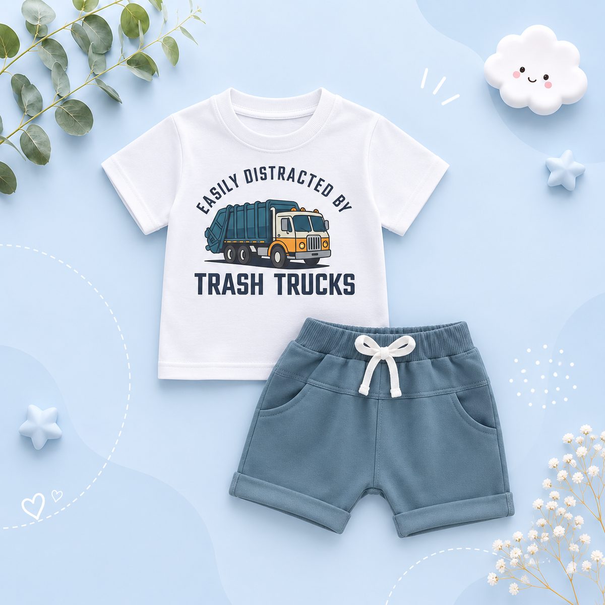 The Lachlan - Toddler Boys Summer Outfit – Letter Garbage Truck Print Short Sleeve T‑Shirt & Elastic Waist Shorts 2‑Piece Set