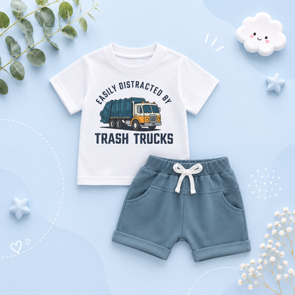 The Lachlan - Toddler Boys Summer Outfit – Letter Garbage Truck Print Short Sleeve T‑Shirt & Elastic Waist Shorts 2‑Piece Set