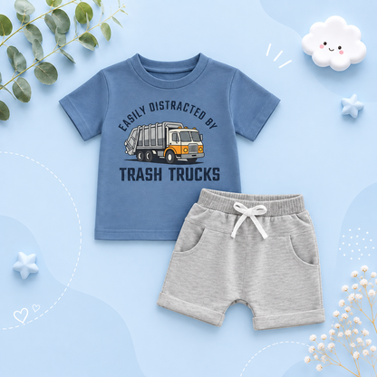 The Lachlan - Toddler Boys Summer Outfit – Letter Garbage Truck Print Short Sleeve T‑Shirt & Elastic Waist Shorts 2‑Piece Set