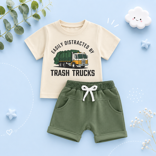 The Lachlan - Toddler Boys Summer Outfit – Letter Garbage Truck Print Short Sleeve T‑Shirt & Elastic Waist Shorts 2‑Piece Set