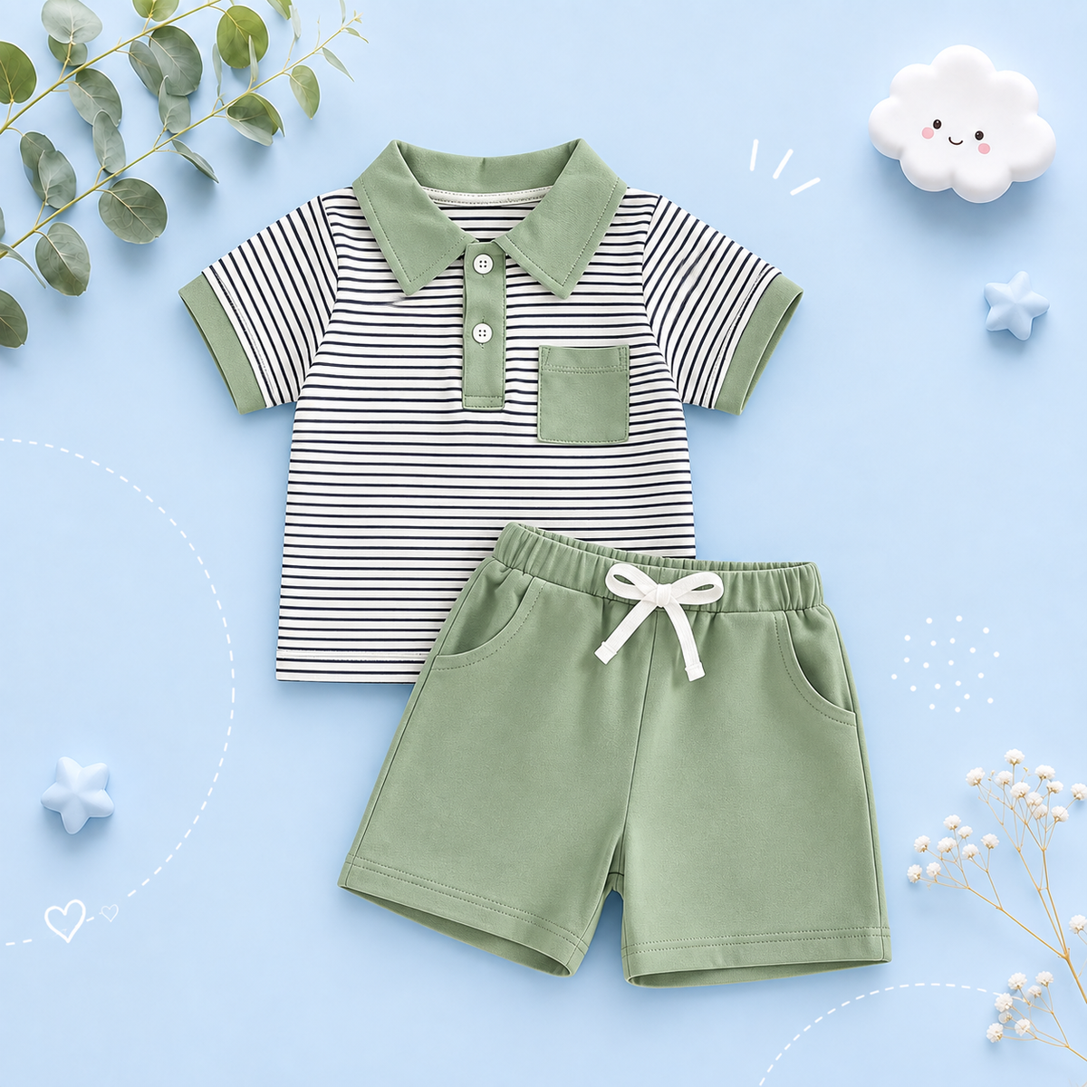 The Rodrigo - Baby Boy Green Striped Short Sleeve Collared Shirt and Solid Shorts