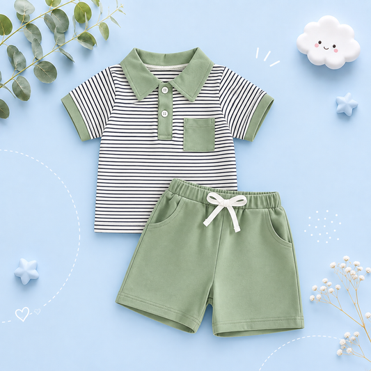 The Rodrigo - Baby Boy Green Striped Short Sleeve Collared Shirt and Solid Shorts
