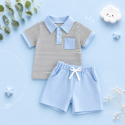 The Rodrigo - Baby Boy Blue Striped Short Sleeve Collared Shirt and Solid Shorts
