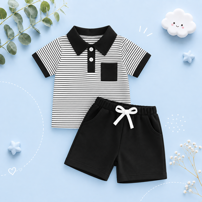 The Rodrigo - Baby Boy Black Striped Short Sleeve Collared Shirt and Solid Shorts