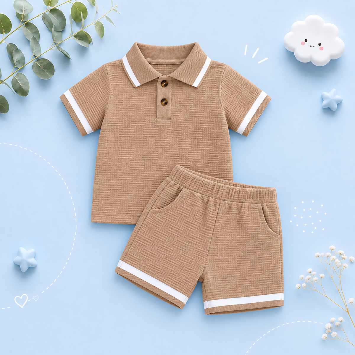 The Gianni - Baby Boy Brown Short Sleeve Button Down Polo Shirts + Shorts Set