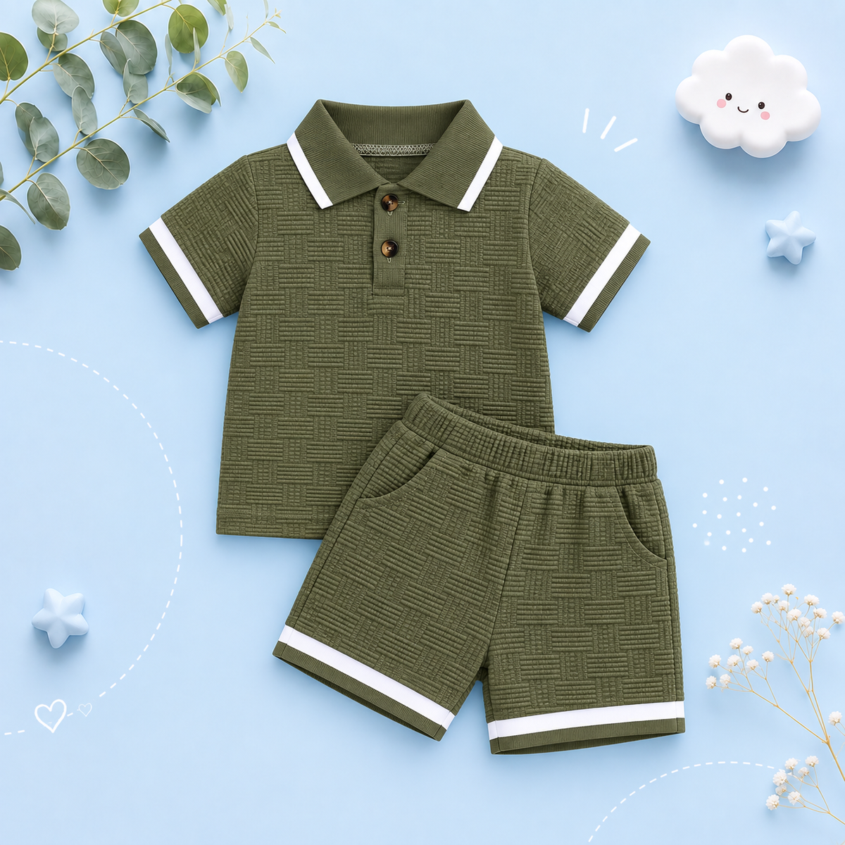 The Gianni - Baby Boy Green Short Sleeve Button Down Polo Shirts + Shorts Set