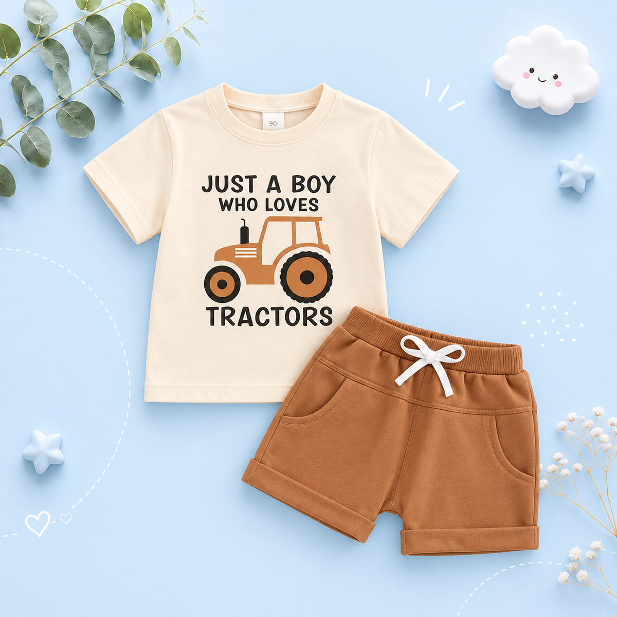 The Moshe - Baby Boy Tractor "Just A Boy Who Loves Tractors" Letter Print Round Neck Short Sleeve Tops with Solid Shorts