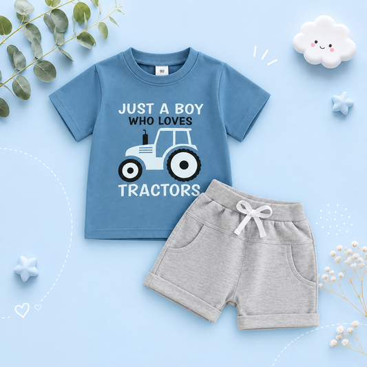 The Moshe - Baby Boy Tractor "Just A Boy Who Loves Tractors" Letter Print Round Neck Short Sleeve Tops with Solid Shorts