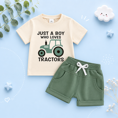 The Moshe - Baby Boy Tractor "Just A Boy Who Loves Tractors" Letter Print Round Neck Short Sleeve Tops with Solid Shorts