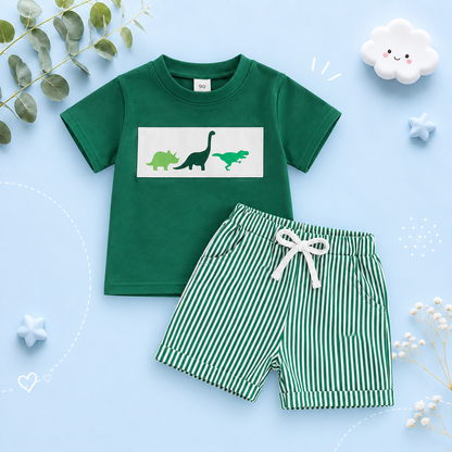 The Corbin - Baby Boy Short Sleeve Green Dino Print T-Shirts Striped Elastic + Waist Shorts