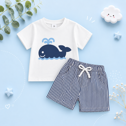 The Corbin - Baby Boy Short Sleeve Blue Whale Print T-Shirts Striped Elastic + Waist Shorts