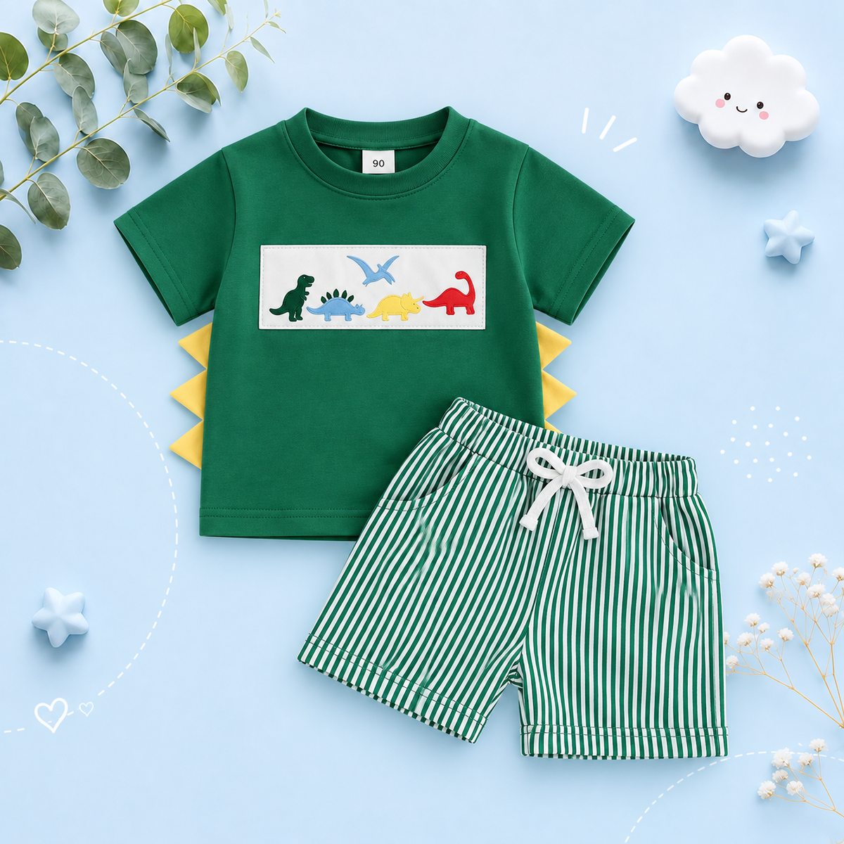 The Corbin - Baby Boy Short Sleeve 5 Dino Print T-Shirts Striped Elastic + Waist Shorts