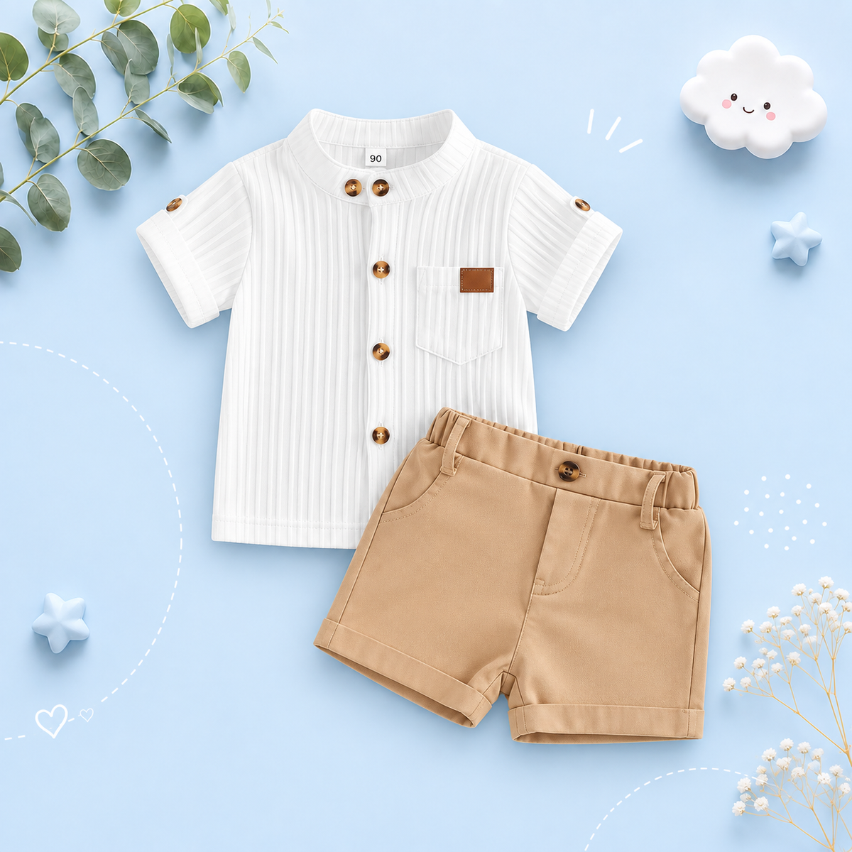 The Kendrick - Baby Boy Brown Striped Button Casual Short Sleeves T-Shirt + Elastic Shorts Set