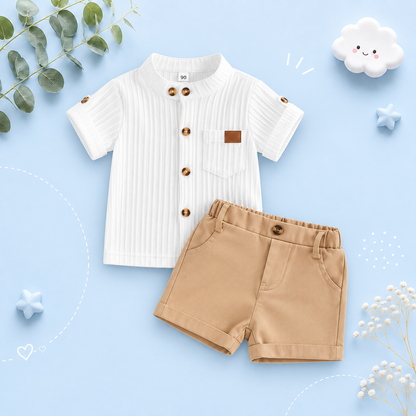 The Kendrick - Baby Boy Brown Striped Button Casual Short Sleeves T-Shirt + Elastic Shorts Set