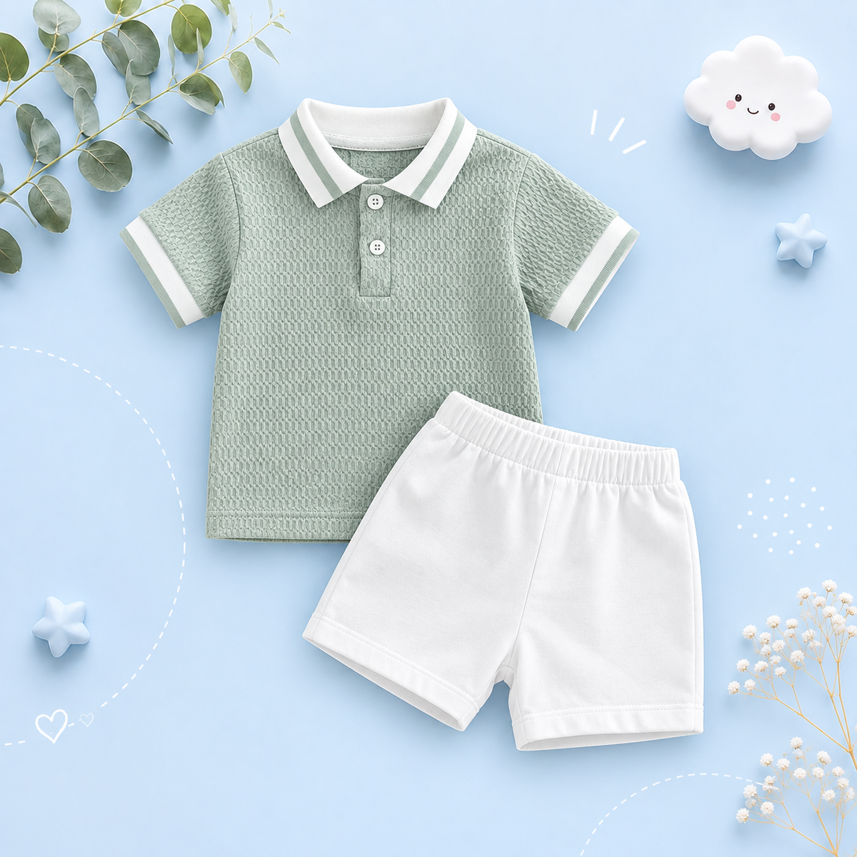 The Jasiah - Baby Boy Shorts Set Short Sleeve Collared Knitted Shirts and Shorts