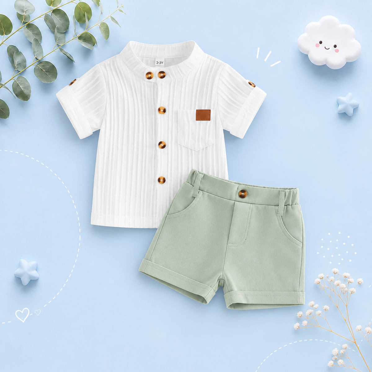 The Kendrick - Baby Boy Green Striped Button Casual Short Sleeves T-Shirt + Elastic Shorts Set