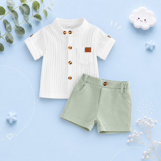 The Kendrick - Baby Boy Green Striped Button Casual Short Sleeves T-Shirt + Elastic Shorts Set