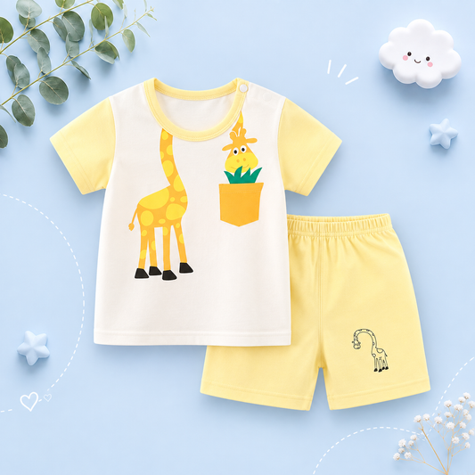 The Koda - Baby Boy Short Sleeve Giraffe Print Tops + Shorts Two Piece Set