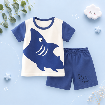The Koda - Baby Boy Short Sleeve Blue Shark Print Tops + Shorts Two Piece Set
