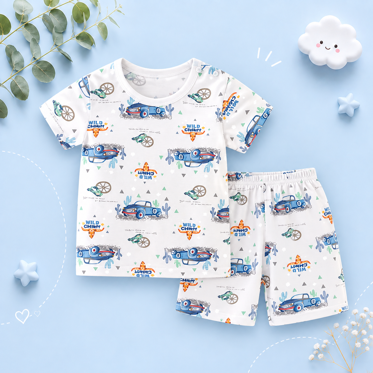 The Koda - Baby Boy Short Sleeve Cars Print Tops + Shorts Two Piece Set