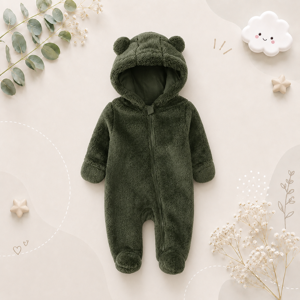 The Maximilian - Baby Unisex Winter Bear‑Ear Romper – Newborn Zip‑Up Bodysuit, Warm Infant Jumpsuit