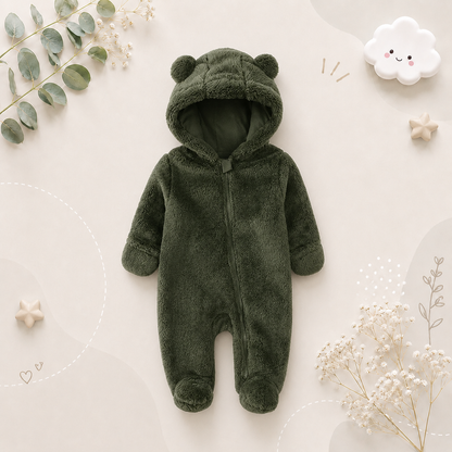 The Maximilian - Baby Unisex Winter Bear‑Ear Romper – Newborn Zip‑Up Bodysuit, Warm Infant Jumpsuit
