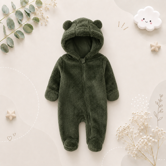 The Maximilian - Baby Unisex Winter Bear‑Ear Romper – Newborn Zip‑Up Bodysuit, Warm Infant Jumpsuit