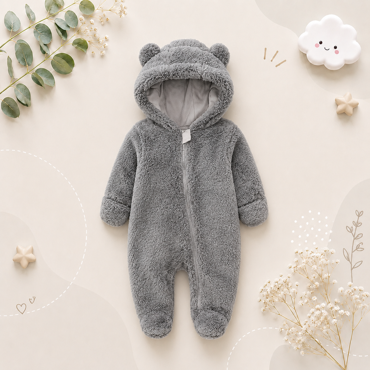 The Maximilian - Baby Unisex Winter Bear‑Ear Romper – Newborn Zip‑Up Bodysuit, Warm Infant Jumpsuit