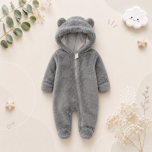 The Maximilian - Baby Unisex Winter Bear‑Ear Romper – Newborn Zip‑Up Bodysuit, Warm Infant Jumpsuit