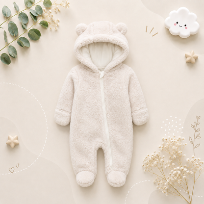 The Maximilian - Baby Unisex Winter Bear‑Ear Romper – Newborn Zip‑Up Bodysuit, Warm Infant Jumpsuit